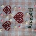 It is cold and icy here so what else to do but stitch . February is done . It took me a while to settle on fabric and then I changed colours .after that I decided I did not like the white floss hearts and went for beads. . I may still add the cross stitch border , but so far I think I like it aas is.