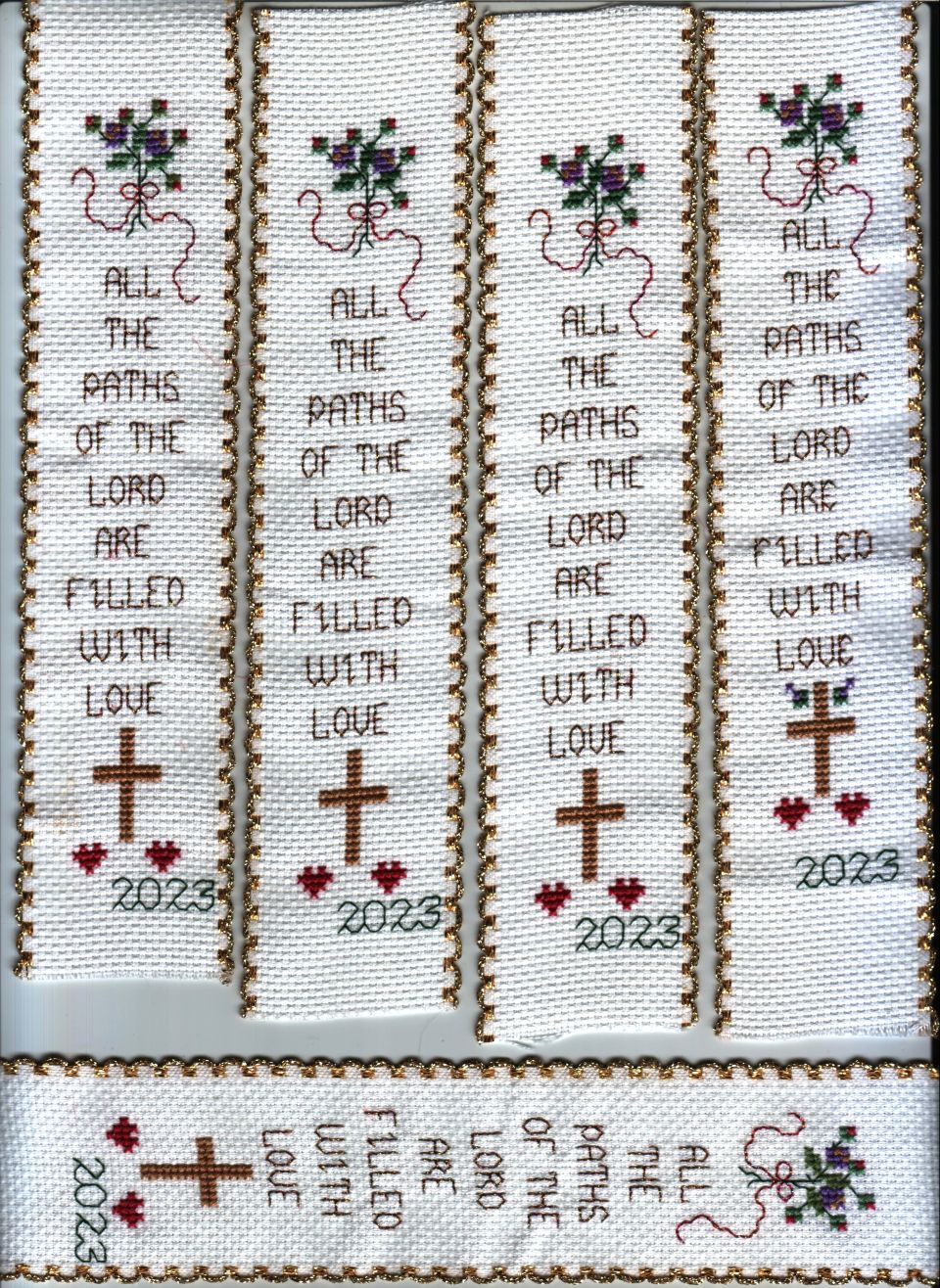 "All The Paths" Biblemarker From Love Brought Us Together booklet by Stoney Creek1987. On 14 count Ribband, Changed out some of the floss colors and some to metallic floss.