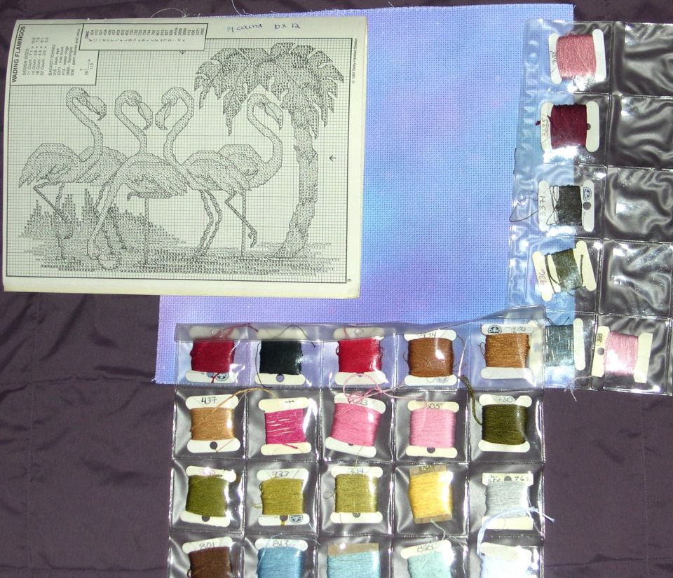 My new start for July"Wading Flamingos" from Birds of Color Pub Creative Keepsakes l98714 Count dyed aidaDMC flossWill fit into a 10 X 8 frame
