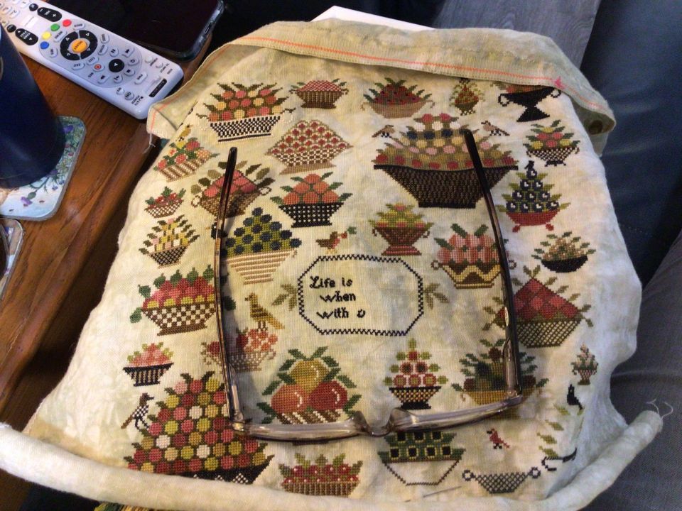 Showing my progress on Berry Bowl Sampler by The Scarlett House-so close to finish!!! On 40 count orphan PTP. The fabric is greenish